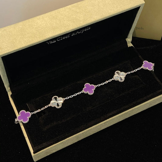 [Love Lucky]CLOVER  5 MOTIFS  PURPLE VIOLET BRACELET SILVER
