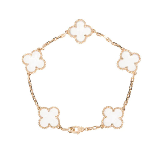 [Love Lucky]CLOVER 5 MOTIF ROCK CRYSTAL PINK GOLD BRACELET
