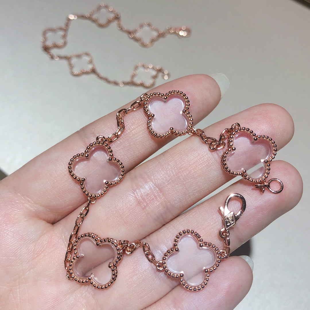 [Love Lucky]CLOVER 5 MOTIF ROCK CRYSTAL PINK GOLD BRACELET