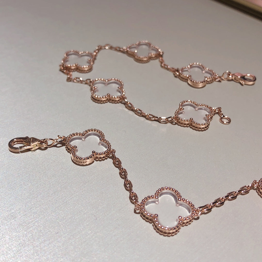[Love Lucky]CLOVER 5 MOTIF ROCK CRYSTAL PINK GOLD BRACELET