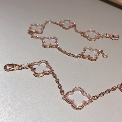 [Love Lucky]CLOVER 5 MOTIF ROCK CRYSTAL PINK GOLD BRACELET