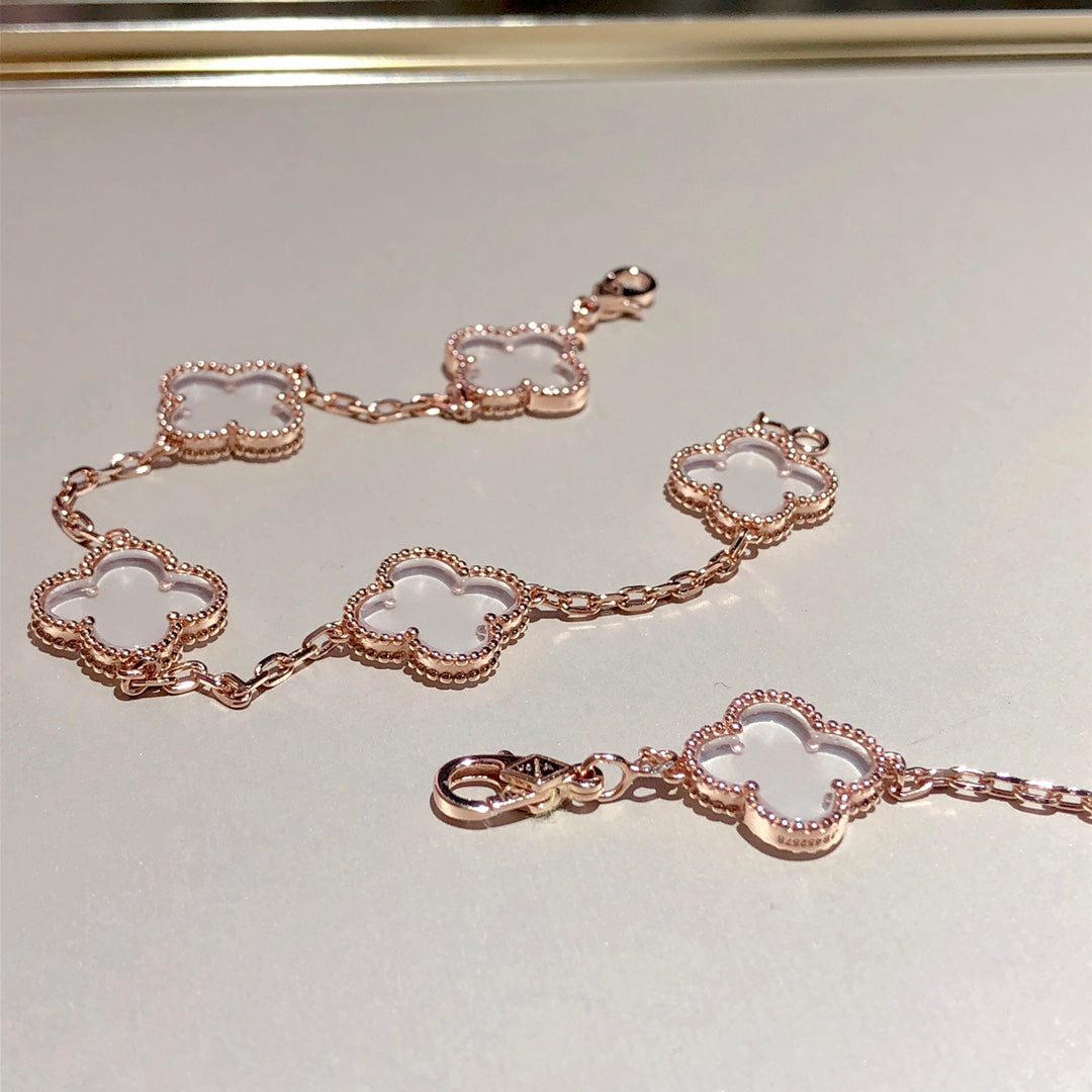 [Love Lucky]CLOVER 5 MOTIF ROCK CRYSTAL PINK GOLD BRACELET