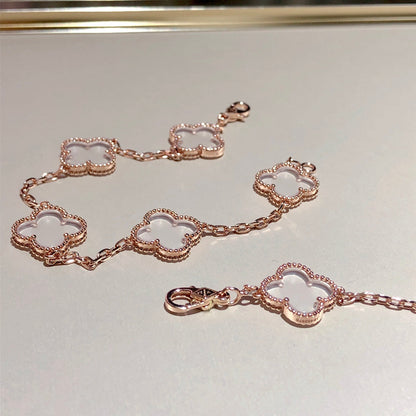 [Love Lucky]CLOVER 5 MOTIF ROCK CRYSTAL PINK GOLD BRACELET