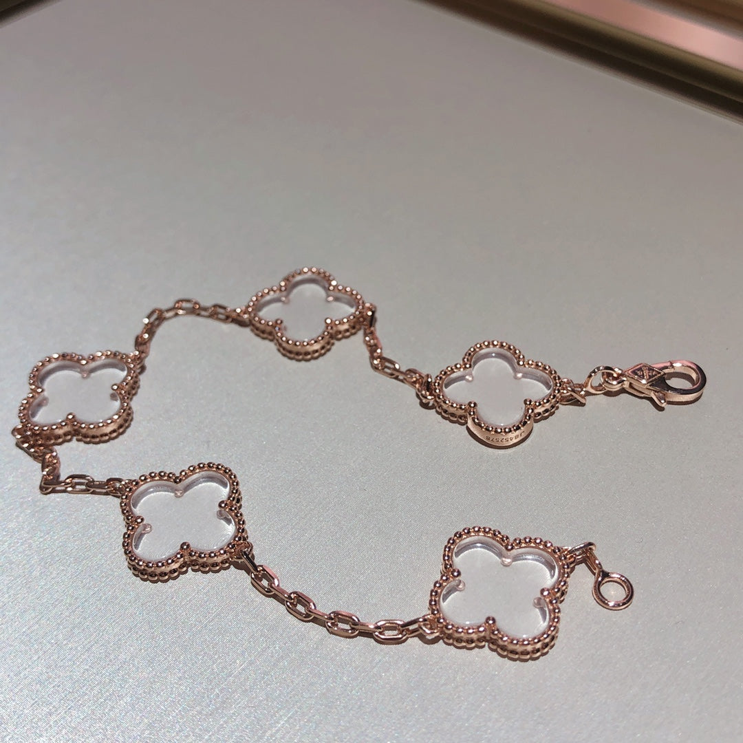 [Love Lucky]CLOVER 5 MOTIF ROCK CRYSTAL PINK GOLD BRACELET