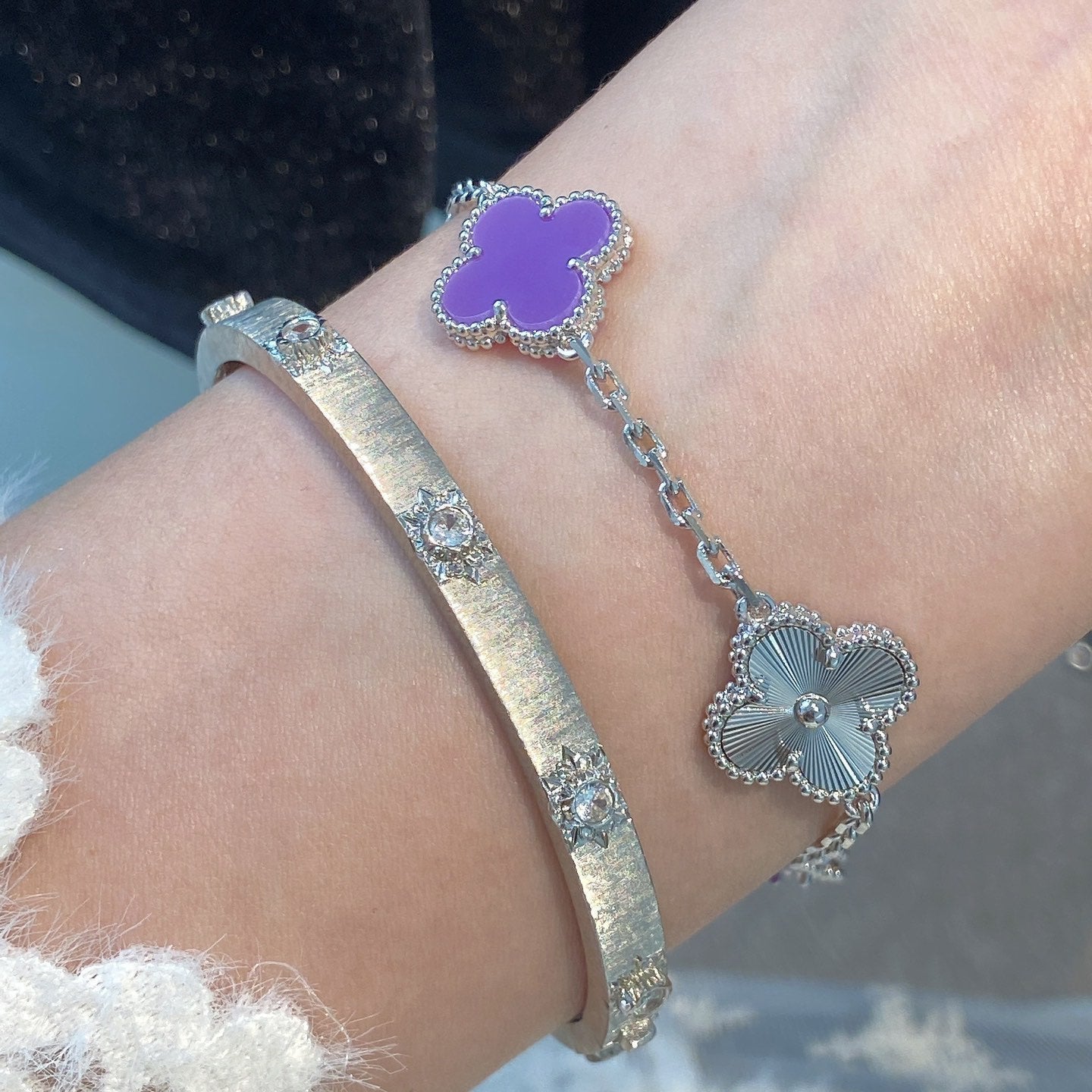 [Love Lucky]CLOVER  5 MOTIFS  PURPLE VIOLET BRACELET SILVER