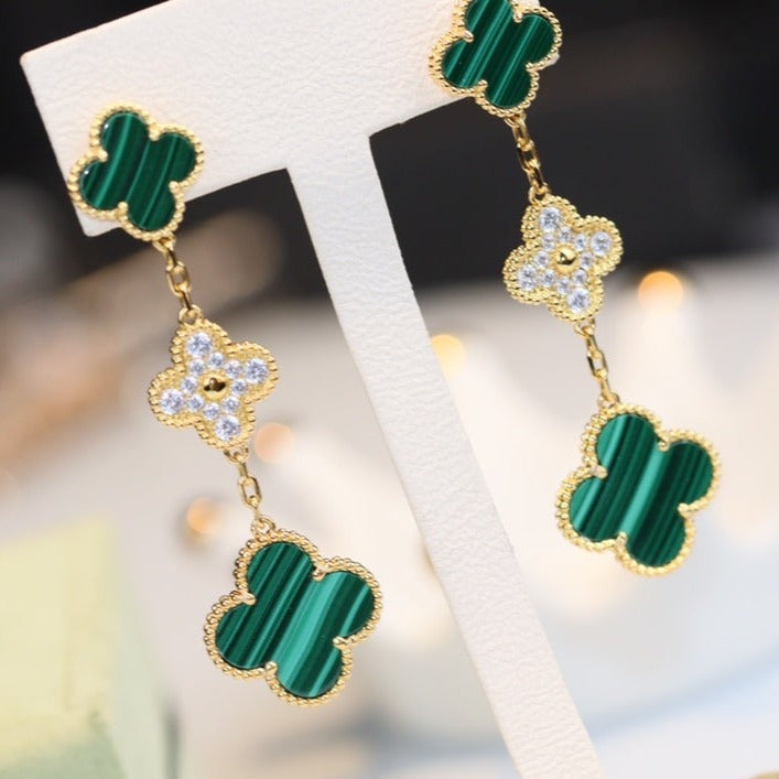 [Love Lucky]CLOVER EARRINGS GOLD MALACHITE DIAMOND 3 MOTIF