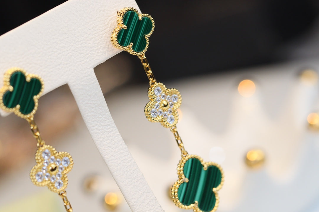 [Love Lucky]CLOVER EARRINGS GOLD MALACHITE DIAMOND 3 MOTIF