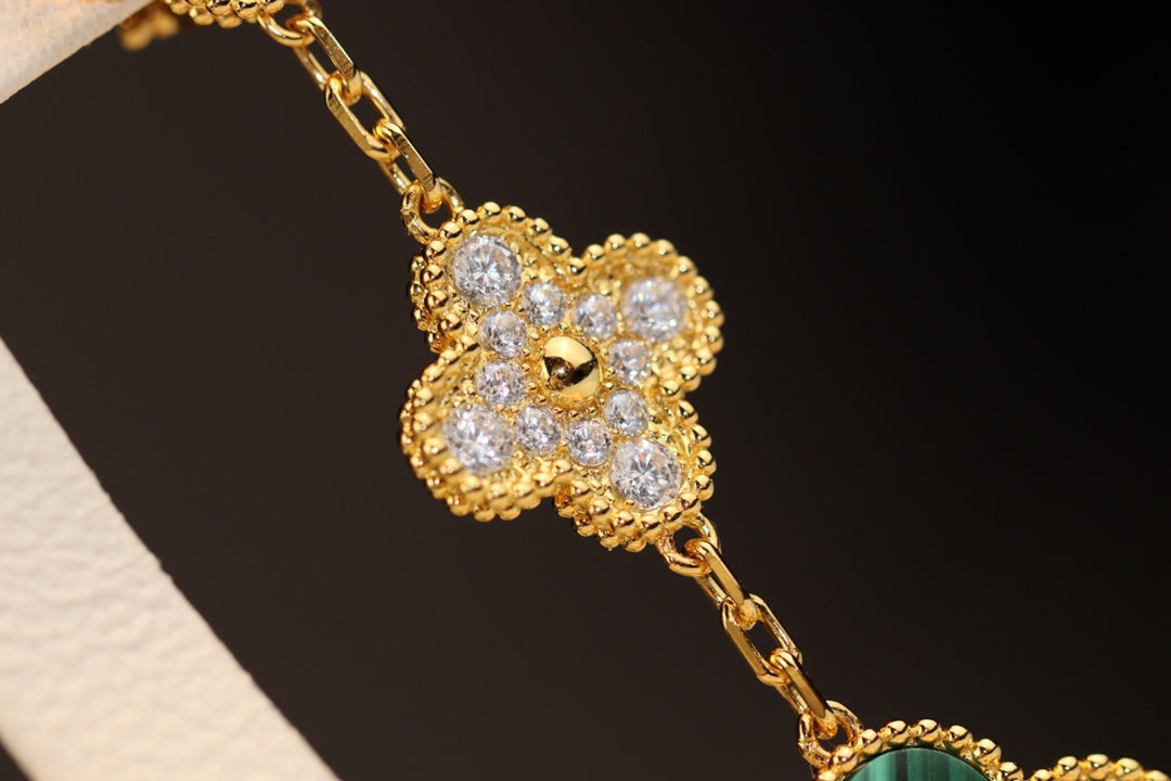 [Love Lucky]CLOVER EARRINGS GOLD MALACHITE DIAMOND 3 MOTIF