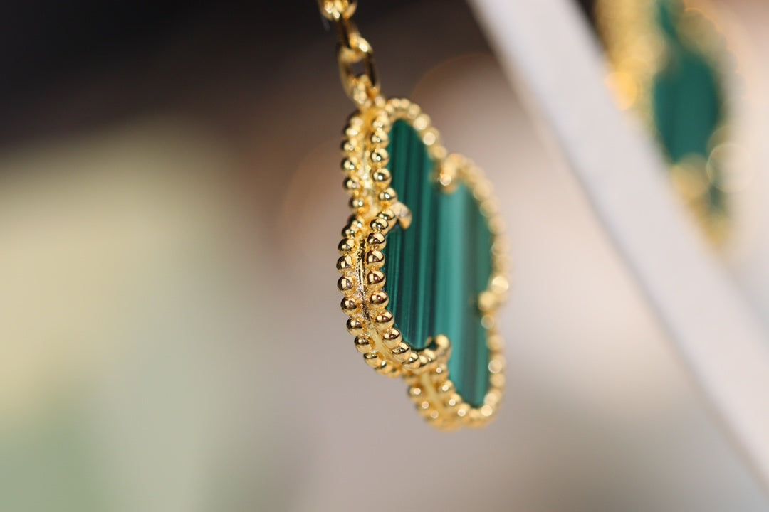 [Love Lucky]CLOVER EARRINGS GOLD MALACHITE DIAMOND 3 MOTIF