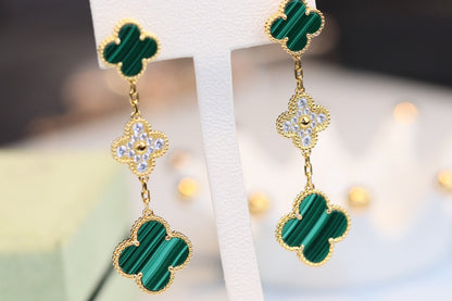 [Love Lucky]CLOVER EARRINGS GOLD MALACHITE DIAMOND 3 MOTIF