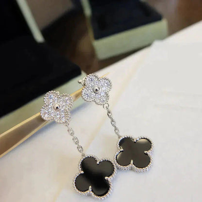 [Love Lucky]CLOVER 2 MOTIFS  DIAMOND ONYX EARRINGS SILVER