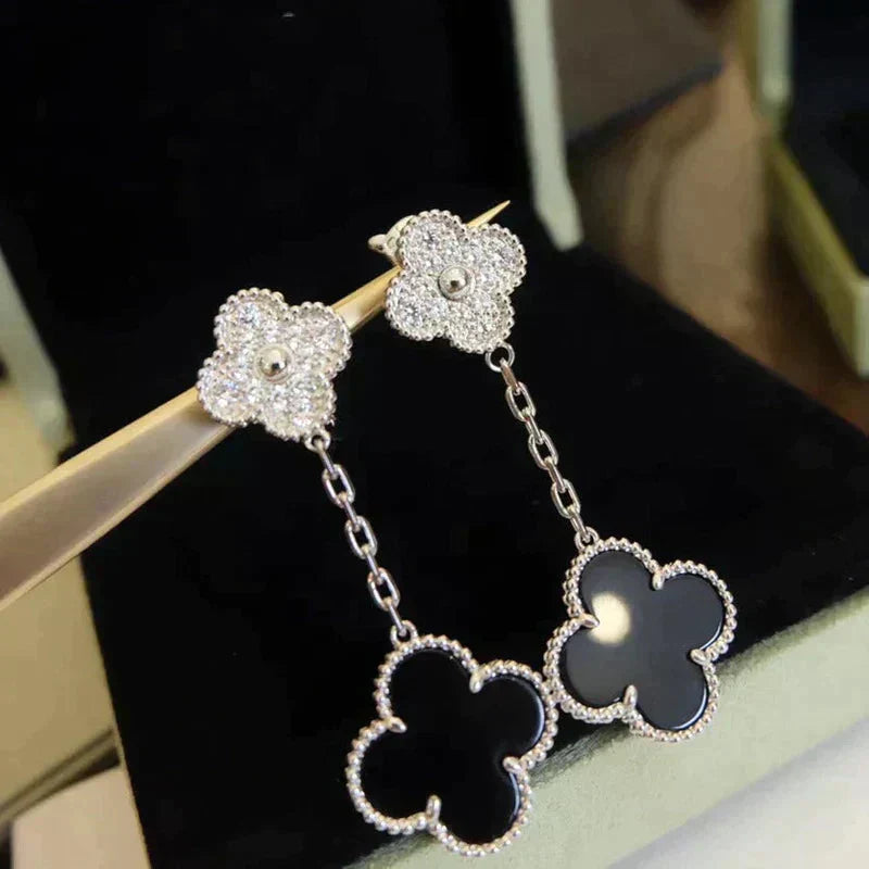 [Love Lucky]CLOVER 2 MOTIFS  DIAMOND ONYX EARRINGS SILVER