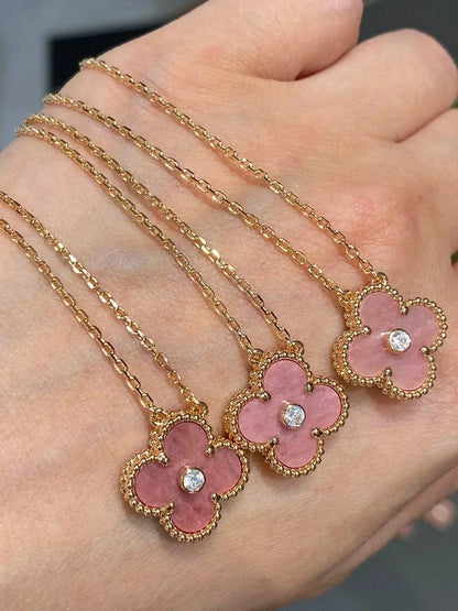 [Love Lucky]CLOVER 15MM DIAMOND RHODONITE NECKLACE