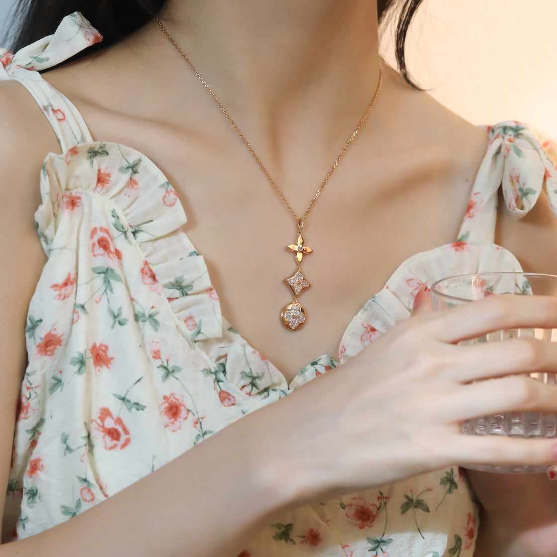 [Love Lucky]STAR AND SUN DIAMOND PINK GOLD NECKLACE