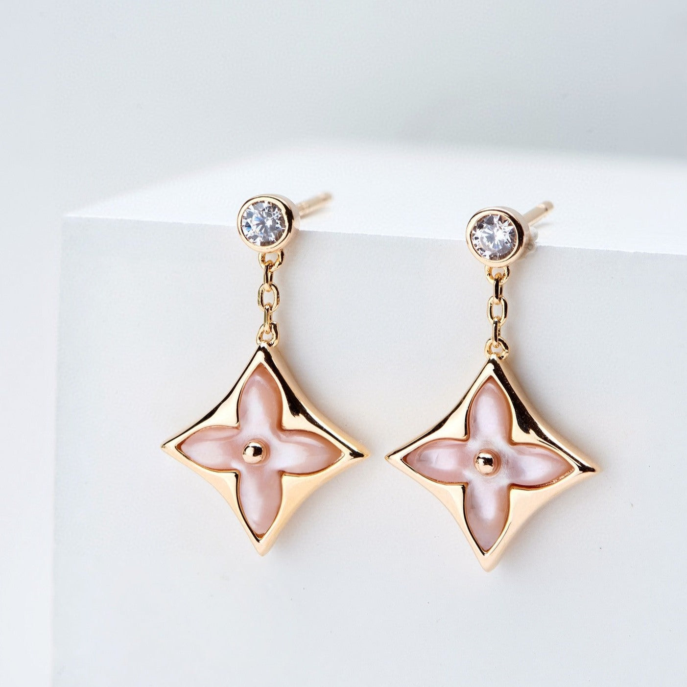 [Love Lucky]DOUBLE STAR PINK GOLD MOP DROP EARRINGS
