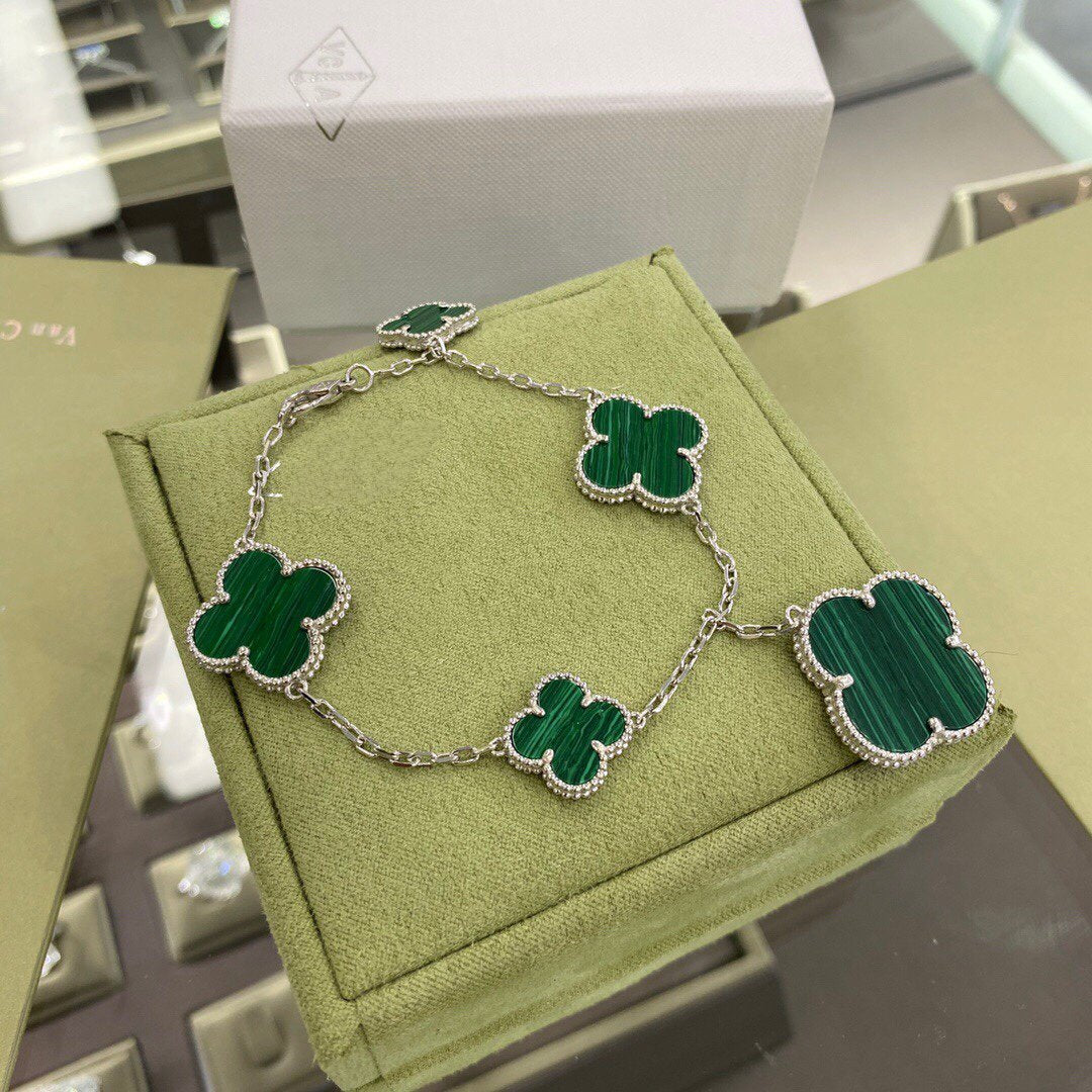 [Love Lucky]CLOVER 5 MOTIFS SIVLER MALACHITE BRACELET
