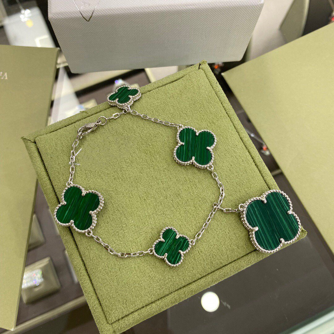 [Love Lucky]CLOVER 5 MOTIFS SIVLER MALACHITE BRACELET