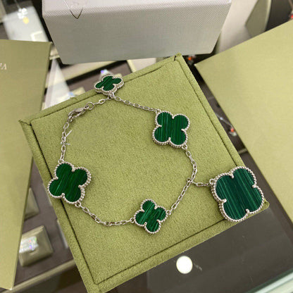 [Love Lucky]CLOVER 5 MOTIFS SIVLER MALACHITE BRACELET