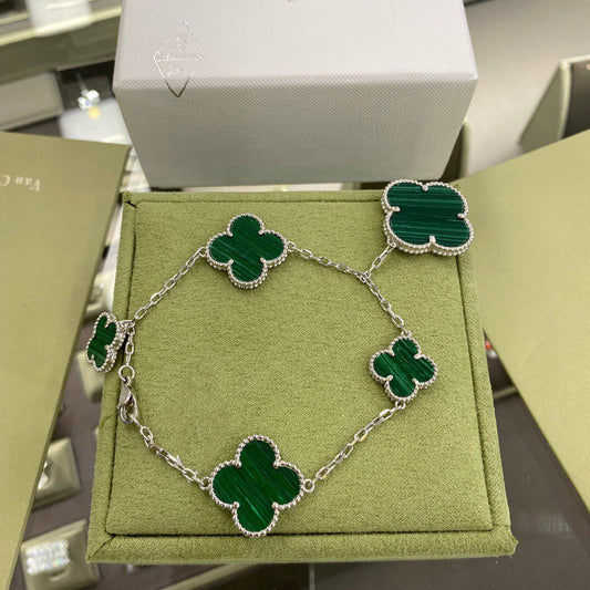 [Love Lucky]CLOVER 5 MOTIFS SIVLER MALACHITE BRACELET