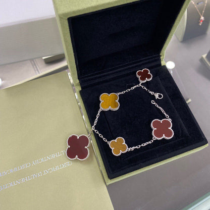 [Love Lucky]CLOVER 5 MOTIFS SIVLER CARNELIAN TIGER EYE BRACELET