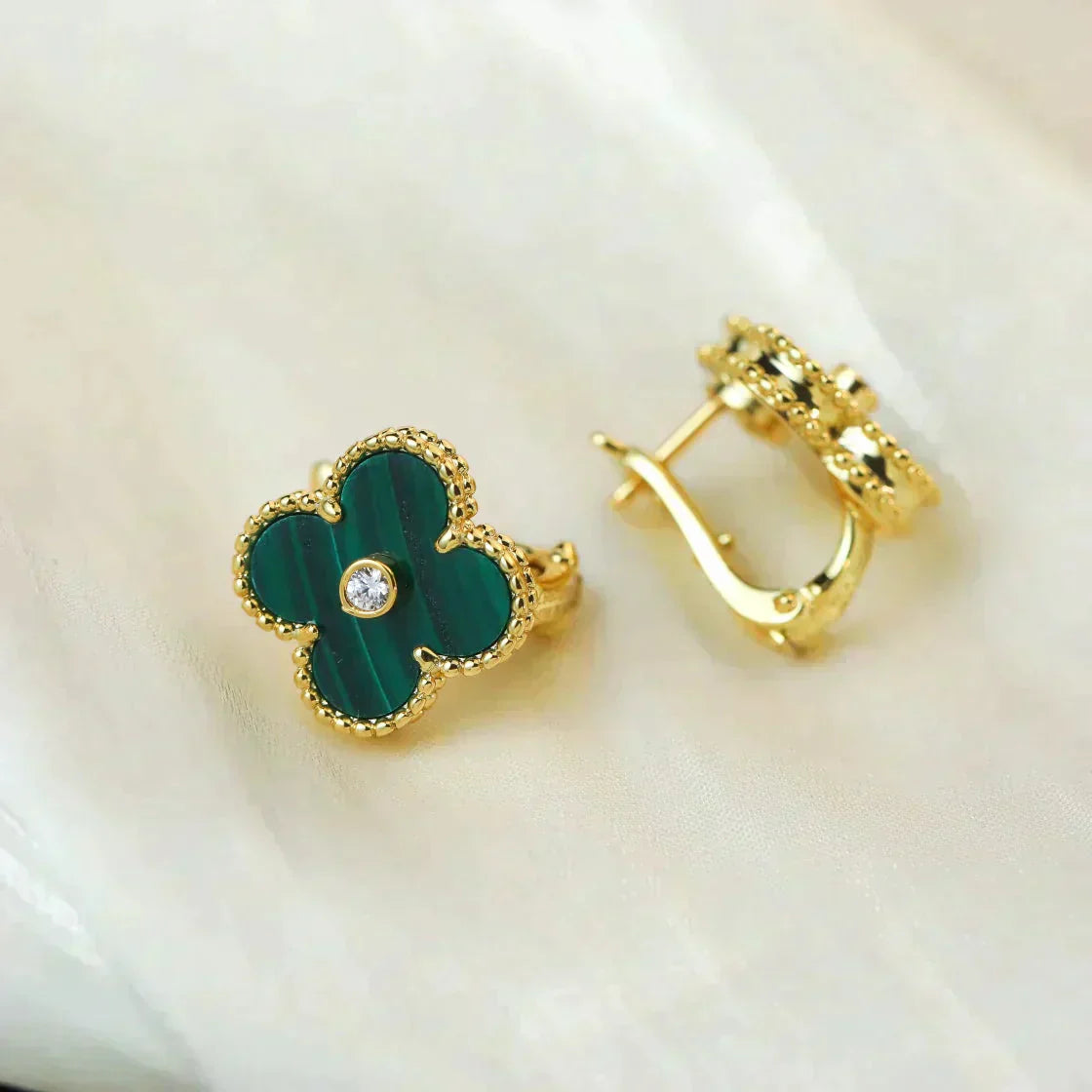 [Love Lucky]CLOVER MEDIUM 1 MOTIFS MALACHITE DIAMOND EARRINGS