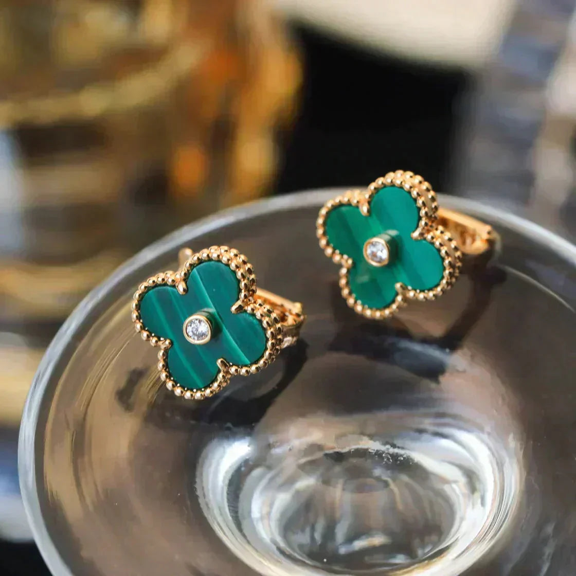 [Love Lucky]CLOVER MEDIUM 1 MOTIFS MALACHITE DIAMOND EARRINGS