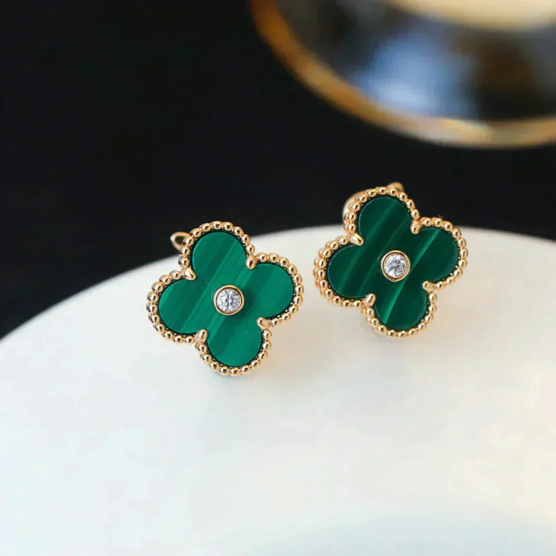 [Love Lucky]CLOVER MEDIUM 1 MOTIFS MALACHITE DIAMOND EARRINGS