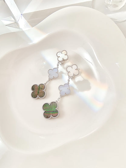 [Love Lucky]CLOVER 3 MOTIFS CHALCEDONY DARK MOP SILVER EARRINGS