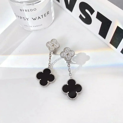 [Love Lucky]CLOVER 2 MOTIFS  DIAMOND ONYX EARRINGS SILVER