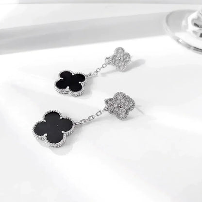 [Love Lucky]CLOVER 2 MOTIFS  DIAMOND ONYX EARRINGS SILVER