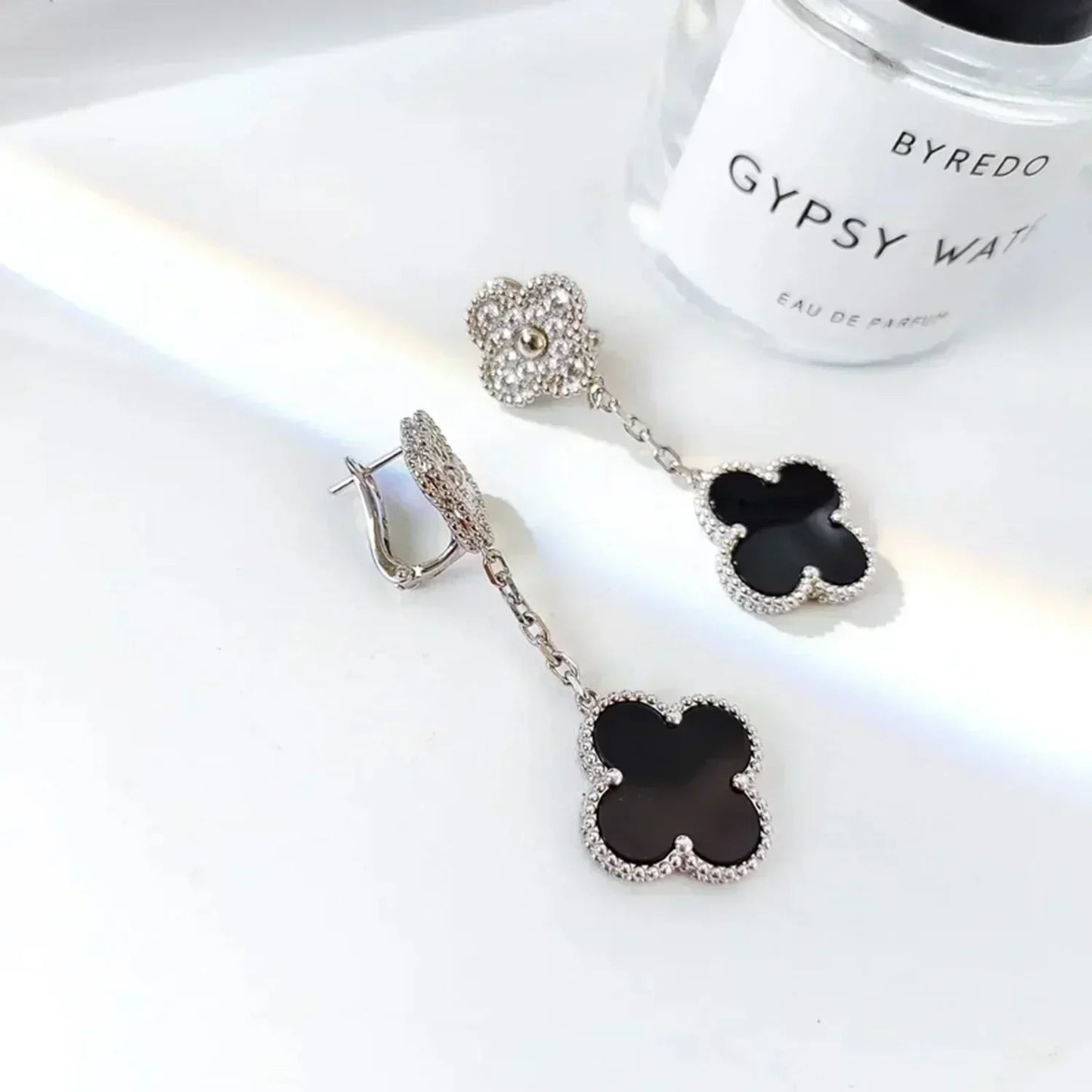 [Love Lucky]CLOVER 2 MOTIFS  DIAMOND ONYX EARRINGS SILVER