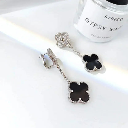 [Love Lucky]CLOVER 2 MOTIFS  DIAMOND ONYX EARRINGS SILVER