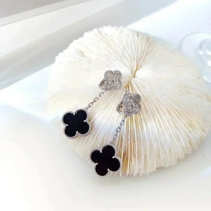 [Love Lucky]CLOVER 2 MOTIFS  DIAMOND ONYX EARRINGS SILVER