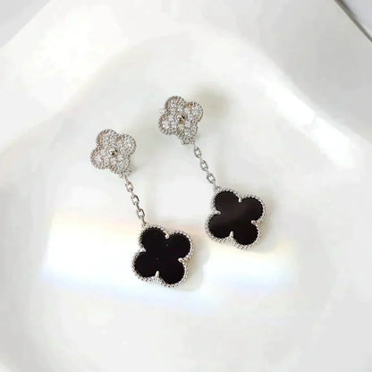 [Love Lucky]CLOVER 2 MOTIFS  DIAMOND ONYX EARRINGS SILVER
