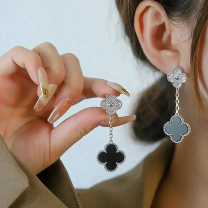 [Love Lucky]CLOVER 2 MOTIFS  DIAMOND ONYX EARRINGS SILVER