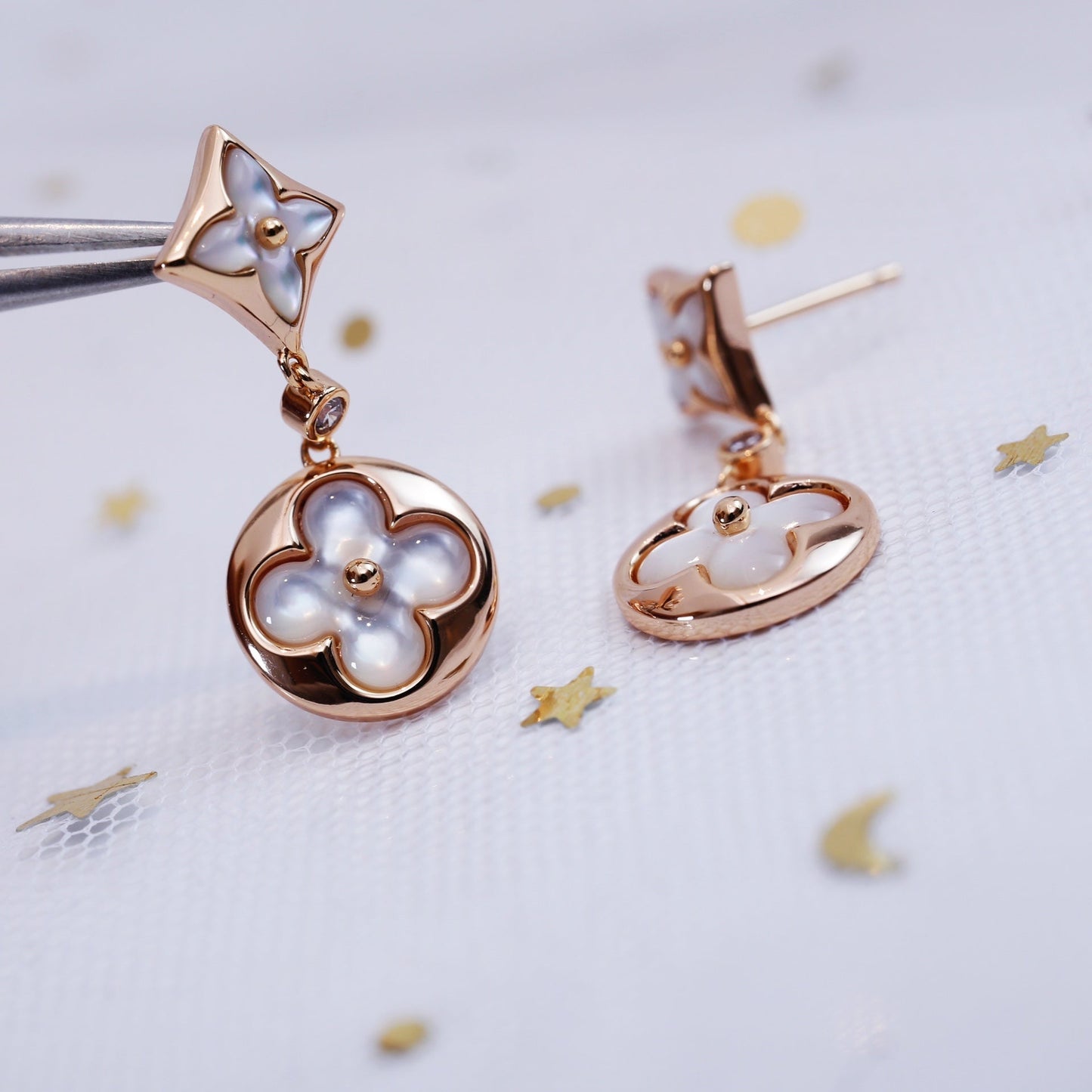 [Love Lucky]STAR AND SUN PINK GOLD MOP DROP EARRINGS