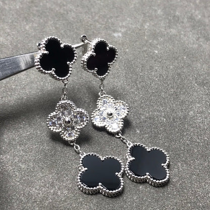 [Love Lucky]CLOVER 3 MOTIF DIAMOND ONYX SILVER EARRINGS