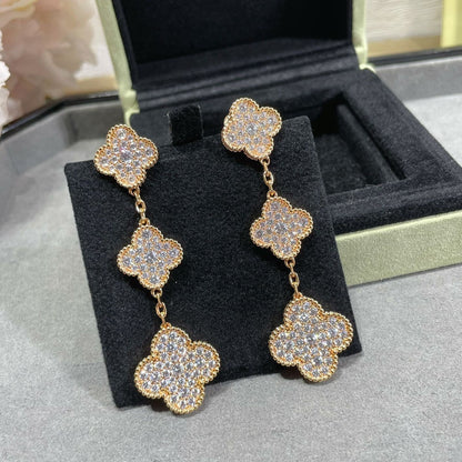 [Love Lucky]CLOVER 3 MOTIFS DIAMOND PAVED ROSE GOLD EARRINGS