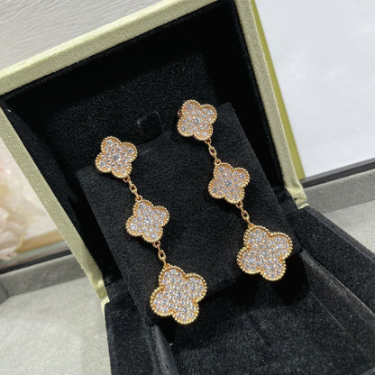[Love Lucky]CLOVER 3 MOTIFS DIAMOND PAVED ROSE GOLD EARRINGS