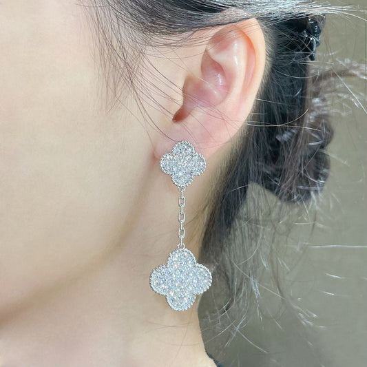 [Love Lucky]CLOVER 2 MOTIFS DIAMOND PAVED SILVER EARRINGS