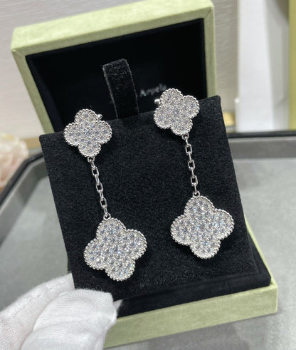 [Love Lucky]CLOVER 2 MOTIFS DIAMOND PAVED SILVER EARRINGS