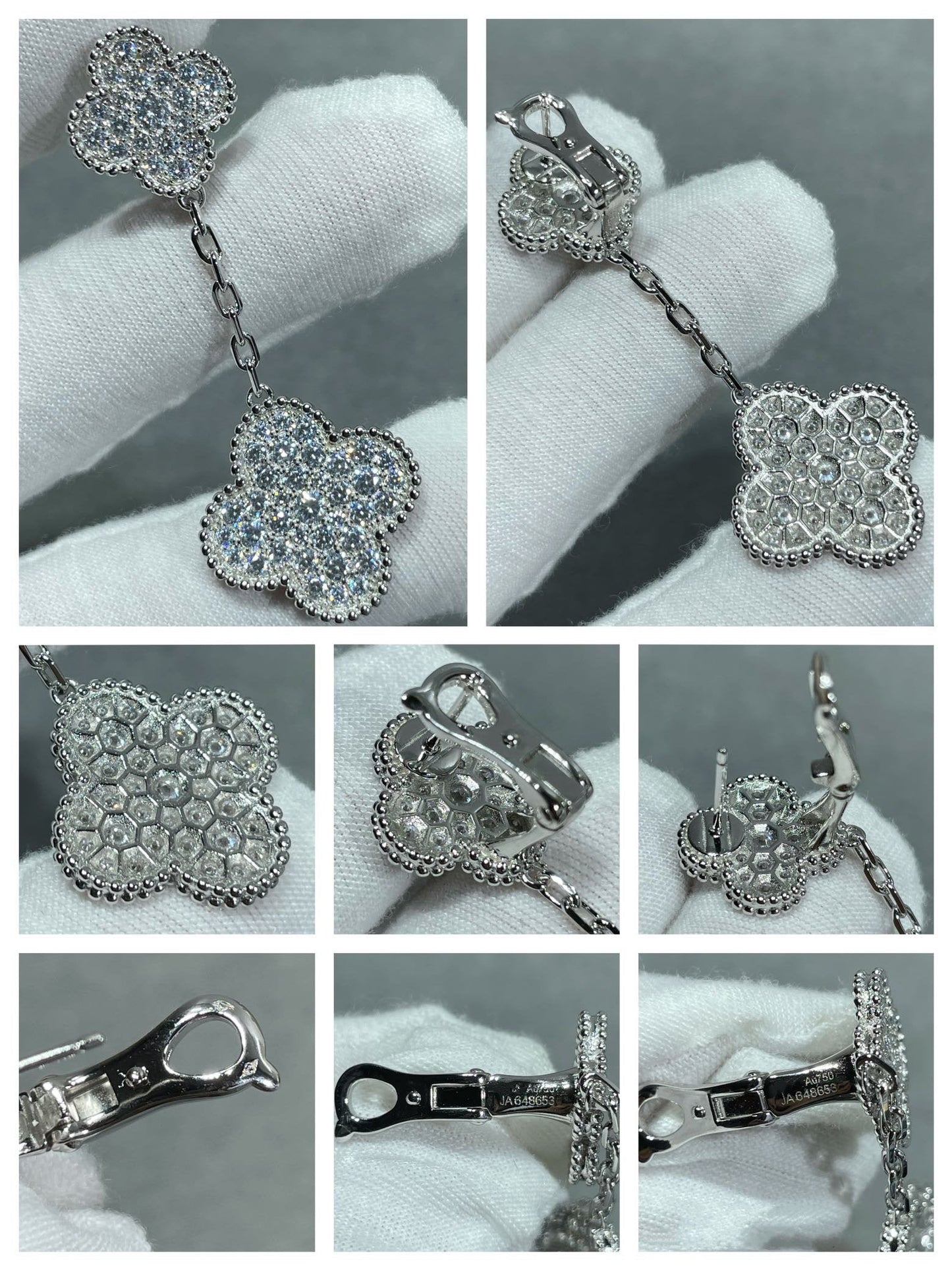 [Love Lucky]CLOVER 2 MOTIFS DIAMOND PAVED SILVER EARRINGS