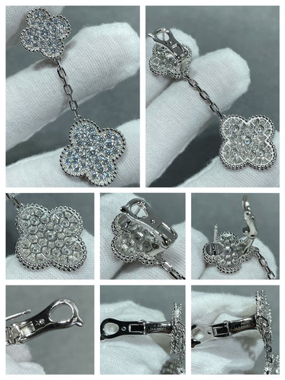 [Love Lucky]CLOVER 2 MOTIFS DIAMOND PAVED SILVER EARRINGS