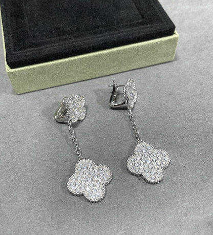 [Love Lucky]CLOVER 2 MOTIFS DIAMOND PAVED SILVER EARRINGS