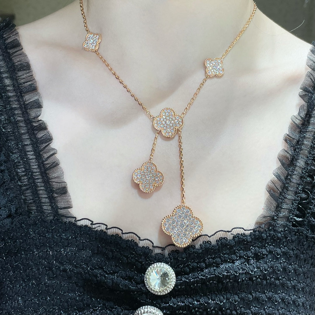 [Love Lucky]CLOVER 6 MOTIF DIAMOND PAVED NECKLACE