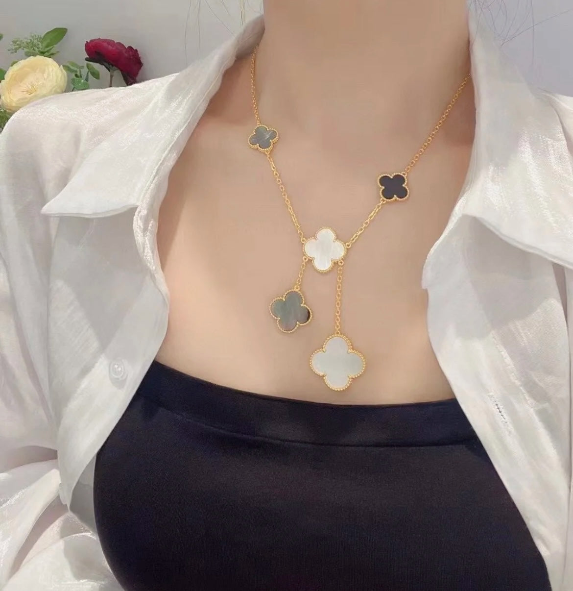 [Love Lucky]CLOVER 6 MOTIF MOP ONYX GOLD NECKLACE