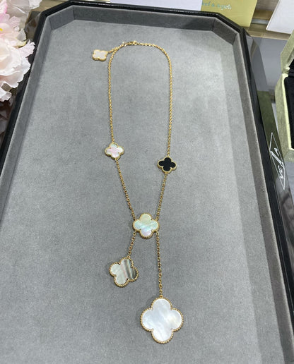 [Love Lucky]CLOVER 6 MOTIF MOP ONYX GOLD NECKLACE