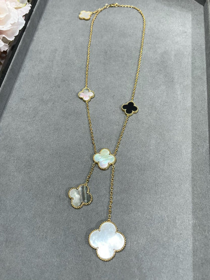 [Love Lucky]CLOVER 6 MOTIF MOP ONYX GOLD NECKLACE