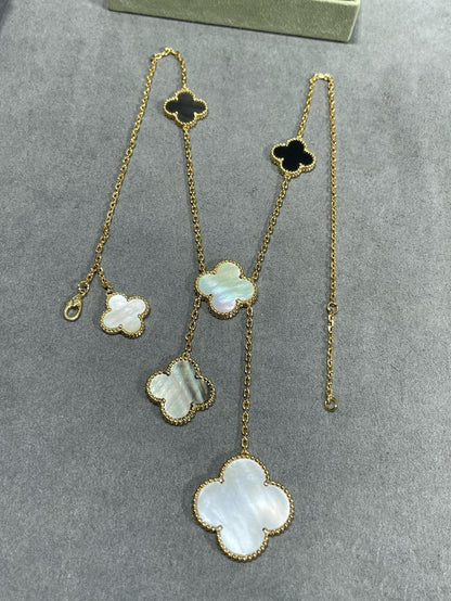 [Love Lucky]CLOVER 6 MOTIF MOP ONYX GOLD NECKLACE