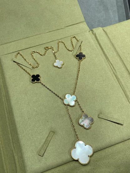 [Love Lucky]CLOVER 6 MOTIF MOP ONYX GOLD NECKLACE
